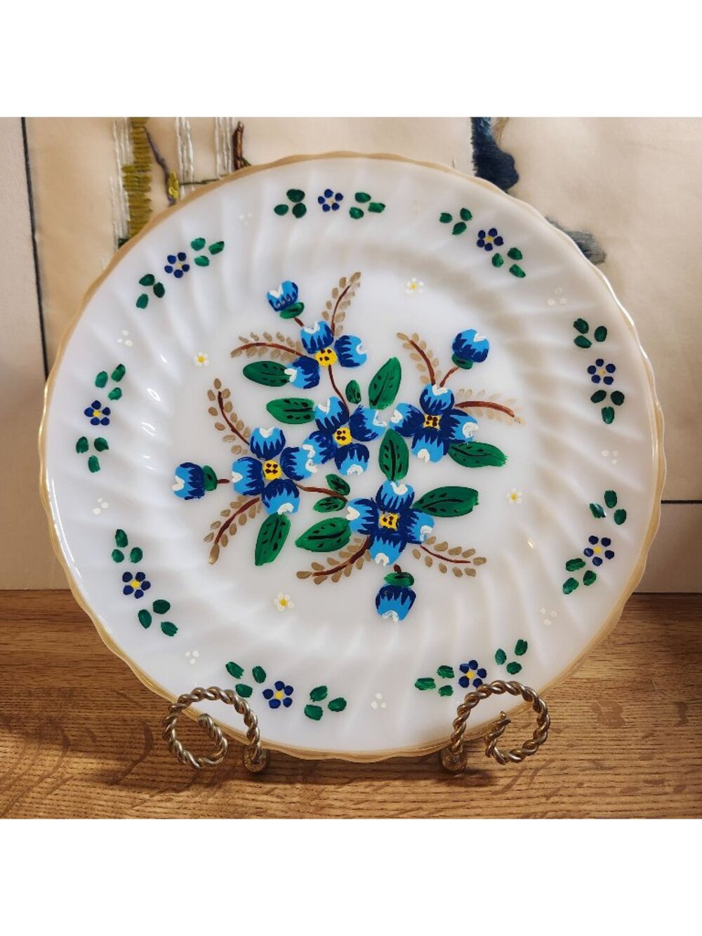 Hand Painted Vintage Milk Glass Plate Blue Forget Me Not Flowers Anchor Hocking